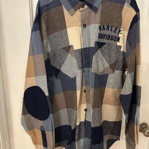 Harley-Davidson Men's Blue and Brown Plaid Shirt
